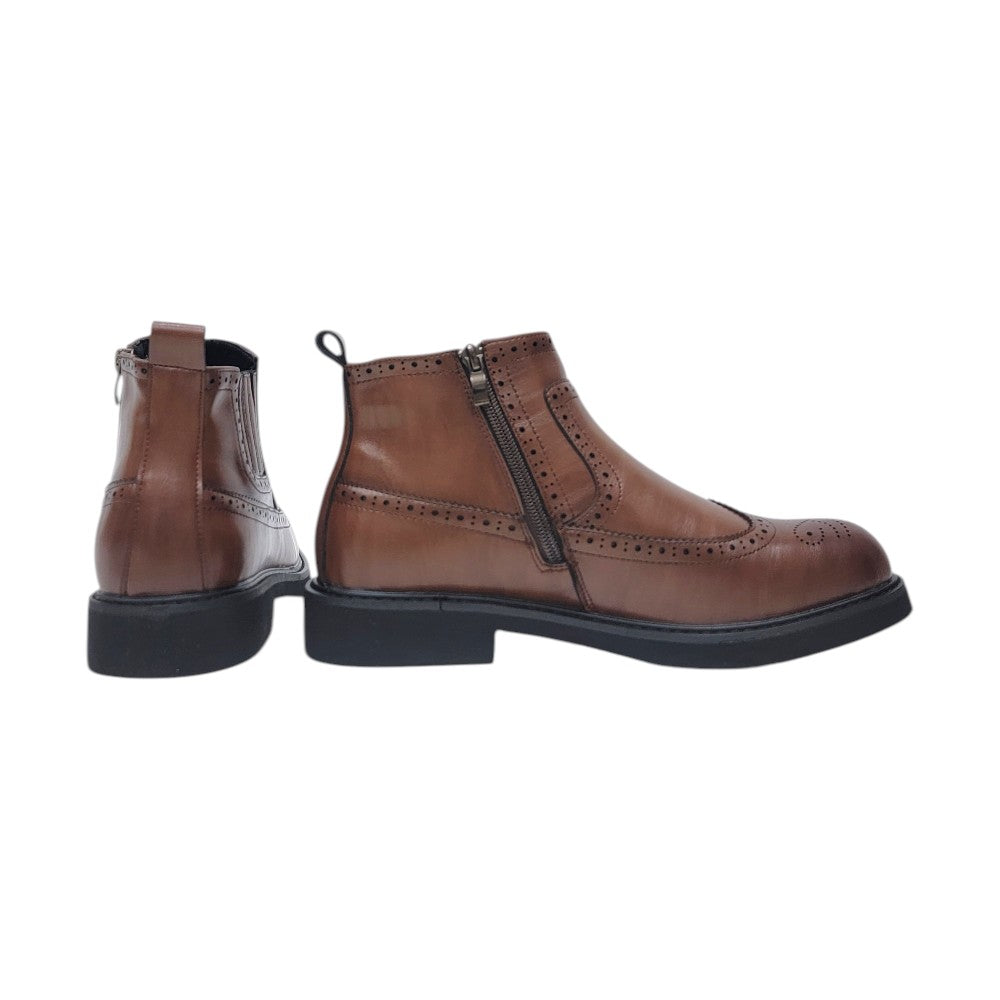 Brown Leather Brogue Chelsea Ankle Boot with Side Zipper