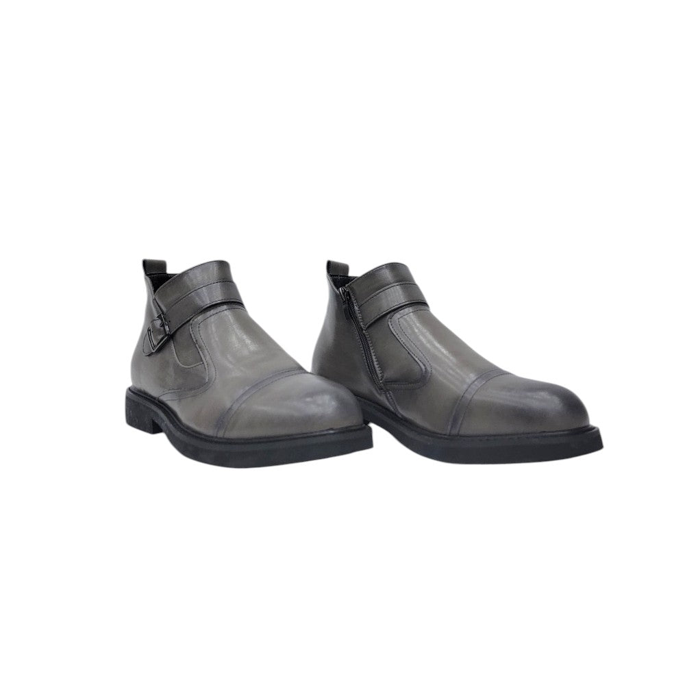 Matte Grey Monk Strap Chelsea Ankle Boot with Side Zipper