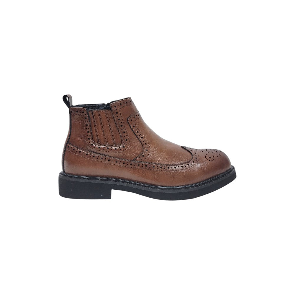 Brown Leather Brogue Chelsea Ankle Boot with Side Zipper