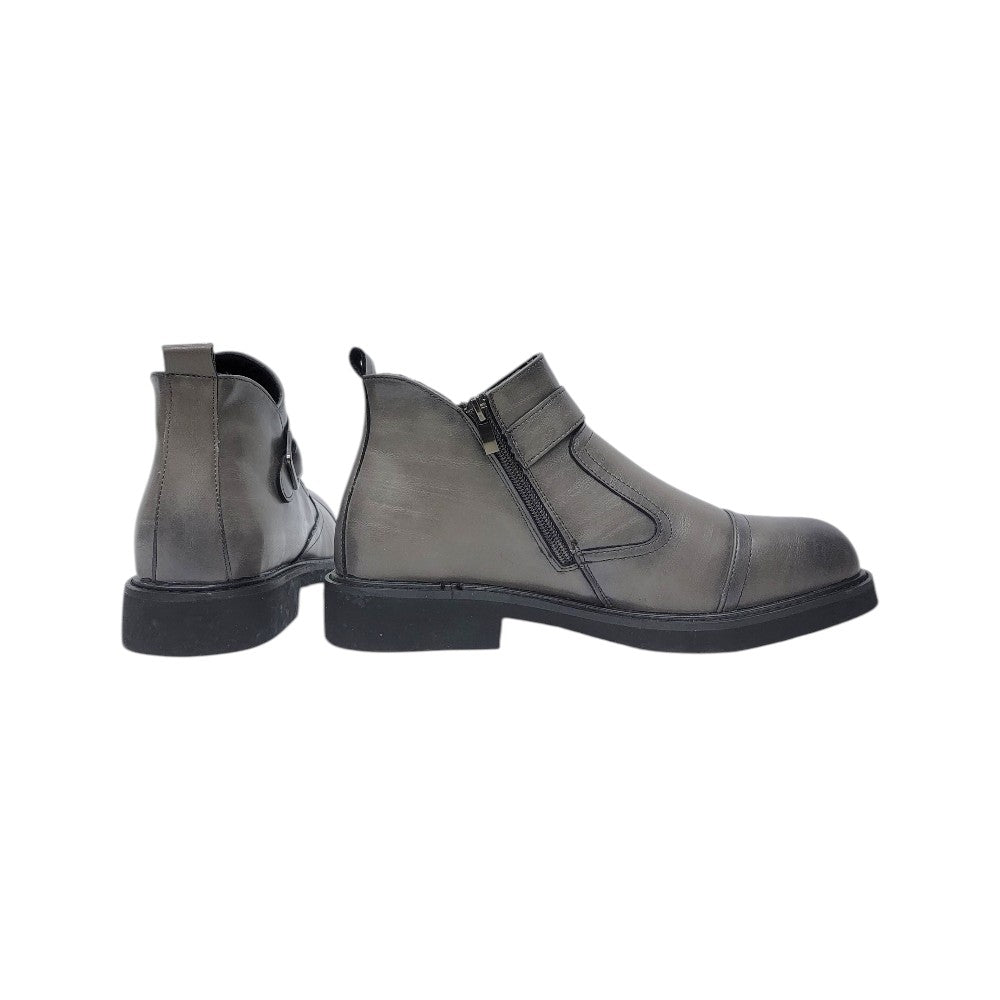 Matte Grey Monk Strap Chelsea Ankle Boot with Side Zipper